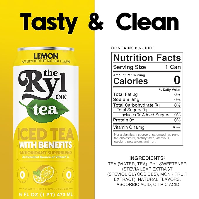 Ryl Iced Tea, Lemon, Antioxidant Superblend, Zero Sugar, Low Carb, Zero Calorie Iced Tea, 16.0 Fl Oz (12-Pack) - Bloomnest