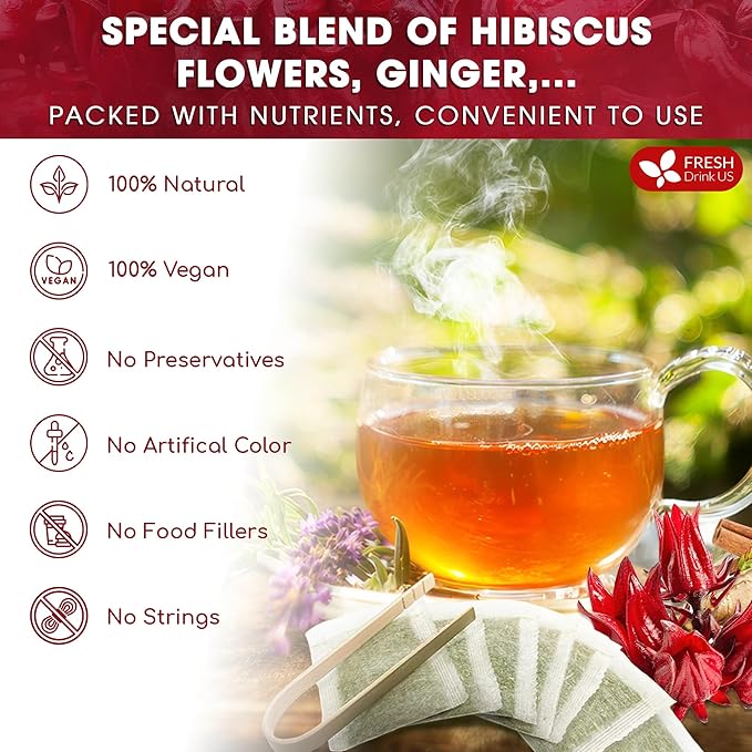 FreshDrinkUS, 60 Tea Bags Super Hibiscus Heart Blend– Herbal Tea with Hibiscus Flower, Ginger, Cinnamon Stick, Lemongrass & Rose Hip – Naturally Caffeine-Free, Sugar-Free, Vegan - Bloomnest