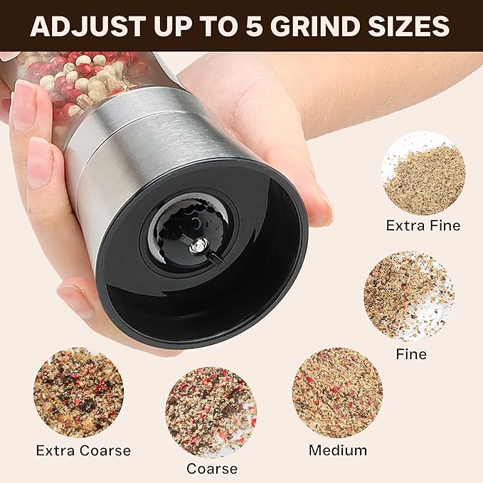 Premium Stainless Steel Salt and Pepper Grinder Set of 4 - Adjustable Ceramic Sea Salt Grinder & Pepper Grinder - Glass Salt and Pepper Shakers - Pepper Mill & Salt Mill W/Funnel - Bloomnest