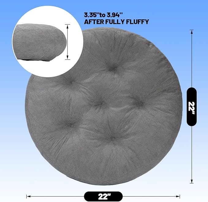 Meditation Floor Pillow Set of 2, Round Large Pillows Seating for Adults, Tufted Corduroy Cushion for Tatami Living Room, 22x22 Inch FP-Grey-R