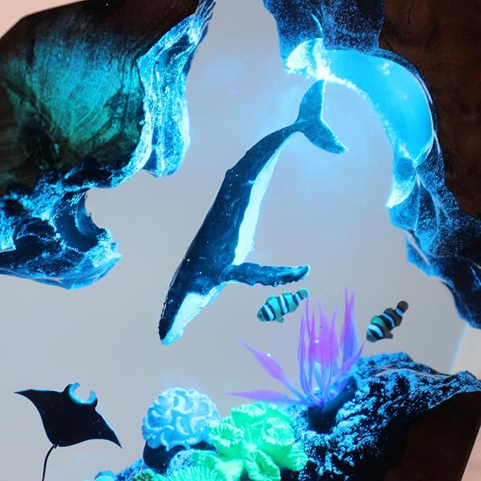 Handmade 3D Ocean Resin Lamp, Epoxy Ocean Night Light with Wooden Base, LED Color Changing Table Lamp, USB Powered Dragons Decor, Unique Ocean Gift for Bedroom & Home Office (Humback Whale) - Bloomnest