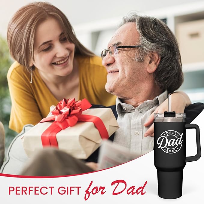 SANDJEST Best Dad Ever Tumbler with Handle - 40oz Stainless Steel Insulated - Dad Gifts for Daughter & Son - Coffee Tumbler for Father's Day, Birthday, Christmas - Cup Gift Set with Lid & Straw - Bloomnest