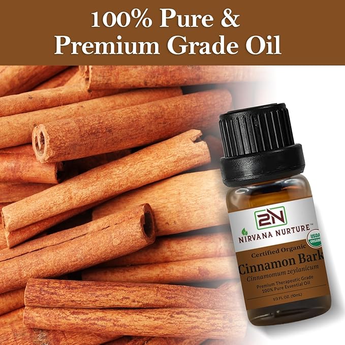 Cinnamon Bark Essential Oil, USDA Certified Organic, 100% Pure Undiluted, Aromatherapy Oil for Diffuser, Hair & Skin Care NirvanaNurture