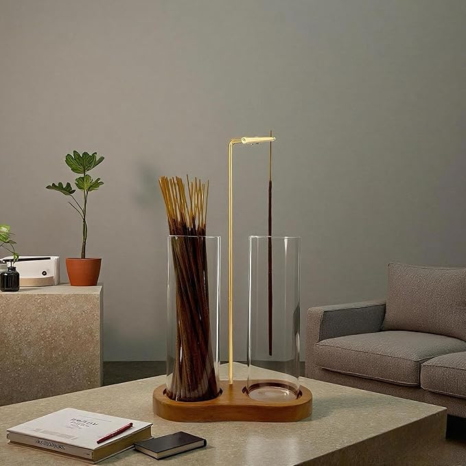Glass Incense Holder,2 in 1 Incense Sticks Burner Holder with Storage,Hang Upside Down Incense Holder for Sticks with Glass Ash Catcher for Meditation Yoga Spa Room Decor (Brown) - Bloomnest