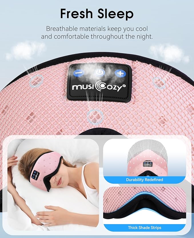 MUSICOZY Sleep Headphones Breathable Sleep Mask Bluetooth 5.4 Wireless Earphones Mask Sleeping Eyemask for Side Sleepers for Women Men Travel Meditation Gift (Mesh Pink) - Bloomnest