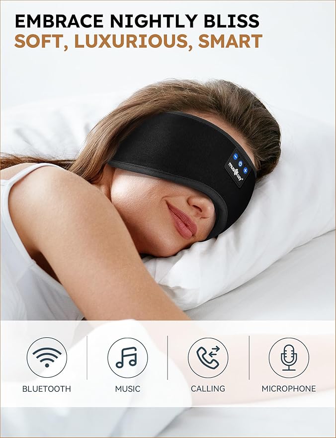 MUSICOZY Sleep Headphones Bluetooth 5.4 Headband Sleeping Eye Mask for Mom Women Men Wireless Music Earbuds Earphones for Side Sleepers Built-in HD Speakers Cool Gadgets Unique Gifts