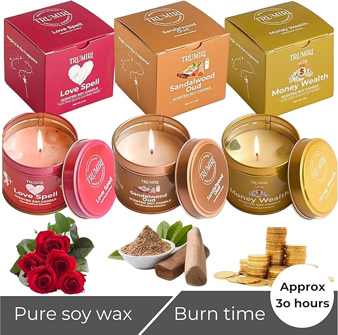 Love Spell, Money Wealth, Sandalwood Oud - Soy Candles Non Toxic - Highly Scented Long Lasting with Essential Oils - Variety Pack of 3 x 5oz - for Home Aromatherapy Meditation Gift Travel TRUMIRI