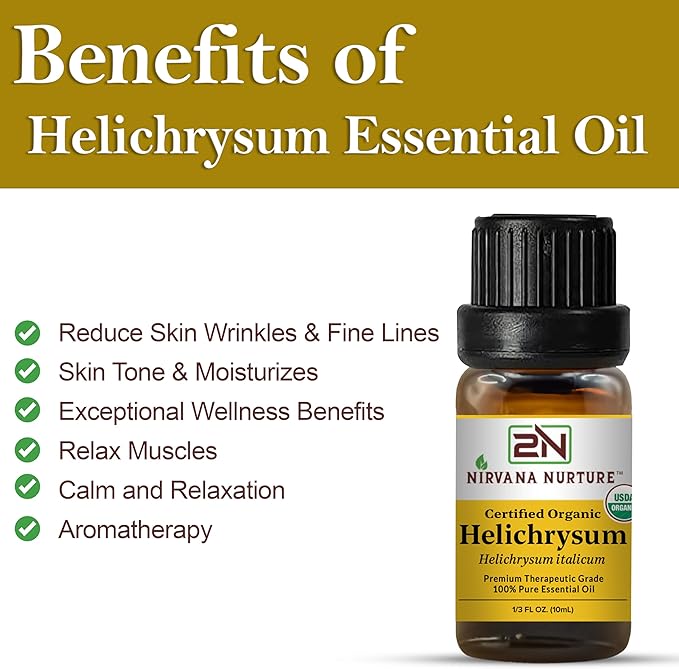 Helichrysum Essential Oil, USDA Certified Organic, 100% Pure Undiluted, Aromatherapy Oil for Diffuser, Hair & Skin Care NirvanaNurture