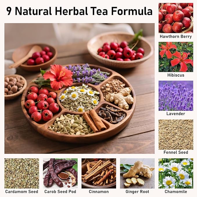 Pressure Balance Herbal Tea, 100% Natural Heart Functional Tea, Traditional Chinese Herbal Teabags for Men & Women, Caffeine-Free, Sugar-Free, 9 Precious Ingredients Formula (2 Pack/60 Bags) - Bloomnest