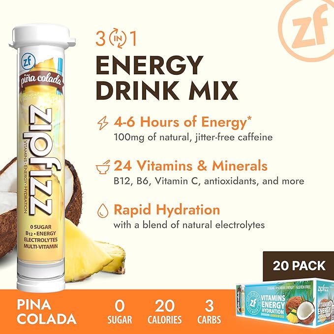 Zipfizz Daily Energy Drink Powder, Pina Colada, 20 Pack | 3-in-1 Sustained Energy, Rapid Hydration, and Essential Vitamins | Sugar-Free | Electrolyte Powder | Contains Vitamin B-12 & Antioxidants - Bloomnest