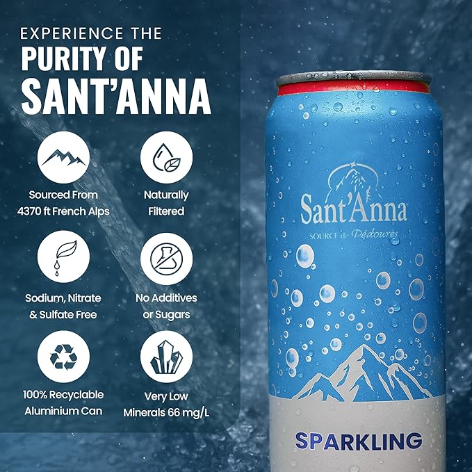 Sant'Anna Sparkling Natural Mineral Water, 11.16 Fl Oz (24-Pack) | Pure French Pyrenees Mountain-Fresh Drinking Water | Natural Functional Drink | Sodium-Free Mineral in Cans - Bloomnest