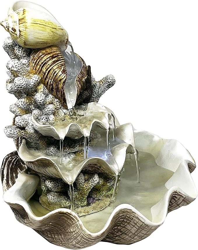 10.5" H Coral Reef Shell Fountain Indoor Fountain with LED Lights and Adjustable Motor Pump (Power Cord Attached) (Resin) - Bloomnest