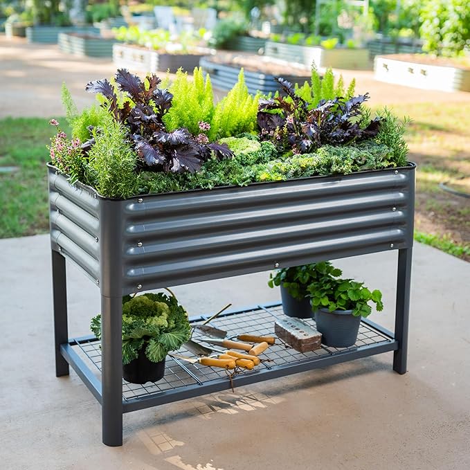 Elevated Raised Garden Bed-V Series, 2' x 4' Garden Beds with Legs & Storage Rack for Patio Porch, 700 Lbs Weight Capacity, Outdoor Planter Boxes for Gardening Herbs Vegetables Flowers, Modern Gray - Bloomnest