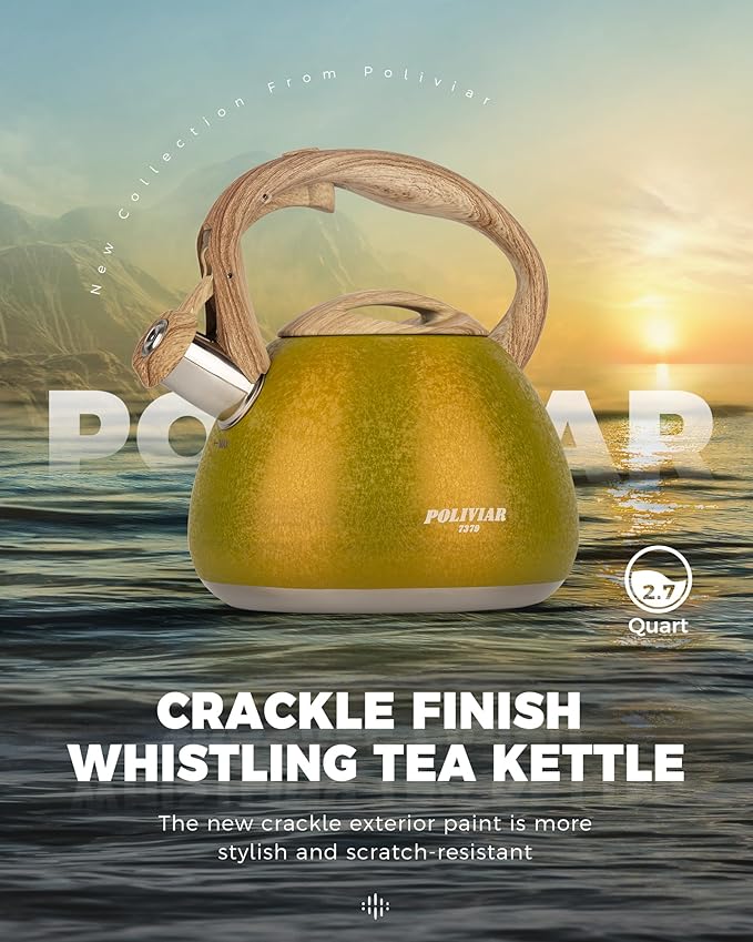 POLIVIAR Tea Kettle, 2.7 Quart Stovetop Tea Kettle, Audible Whistling Teapot with Crackle Finish, Food Grade Stainless Steel for Anti-Rust, Anti Hot Handle, Suitable for All Heat Sources (JX2023-LRY) - Bloomnest