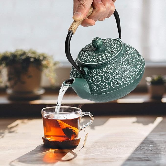 Sotya Cast Iron Teapot, 40oz/1200ml Japanese Tetsubin Tea Pot with Infuser for Loose Leaf and Tea Bags, Tea Kettle Coated with Enameled Interior for Stove Top, Dark Green - Bloomnest