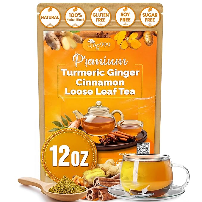 TOG999, Premium 12oz/200 cups Ginger Turmeric Cinnamon Loose Leaf Herbal Tea. Improve Digestion, Support Brain, Weight, Skin and Sleep. Premium Quality Spiced Blend. No Sugar, No Caffeine, No Gluten, Vegan. - Bloomnest