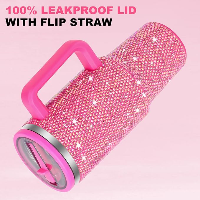 40 oz Tumbler with Handle and Flip Straw Lid, Insulated Leak Proof Double Walled Stainless Steel Rhinestone Diamond Studded Bling Travel Mug Tumblers, Maintains Cold Ice and Heat for Hours - Bloomnest