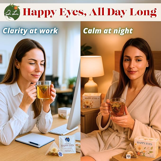 Dr. Lu’s Happy Eyes Tea | 100% Natural Eyebright Tea for Liver Cleanse | Liver Detox tea for Eye Health | Chrysanthemum, Cassia Seed, Goji Berry 8 Premium Herbs in Corn Fiber Pyramid Bags | Made in US - Bloomnest