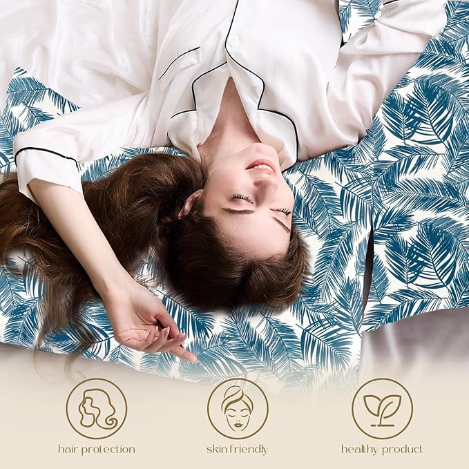 ZIMASILK 100% Pure Mulberry Silk Pillowcase for Hair and Skin Health,Both Sides 19 Momme Silk Floral Print,1pc(Queen 20''x30'',Blue Leaves) - Bloomnest