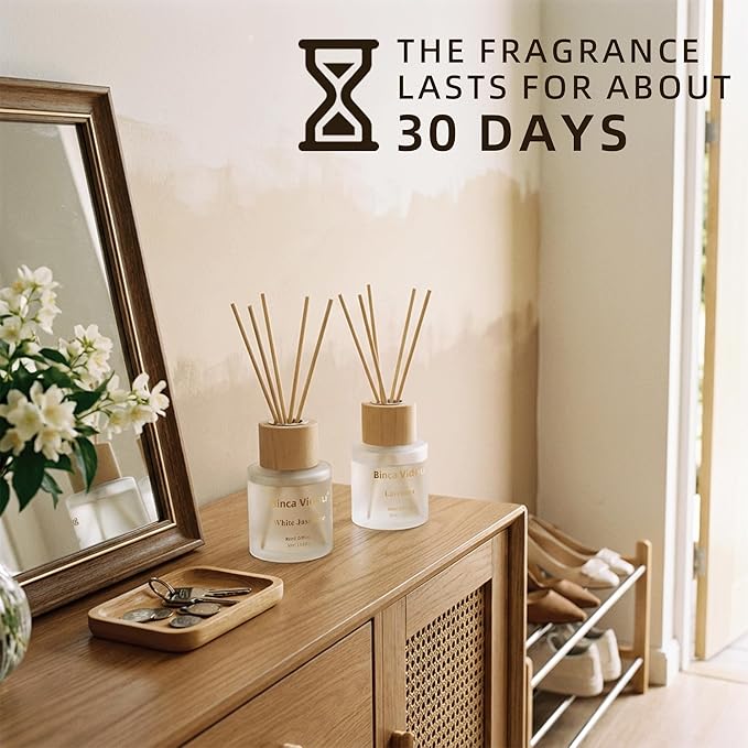Reed Diffuser Set, Binca Vidou Lavender & White Jasmine Natural Scent Oil Diffusers with Sticks for Home Office Bathroom Aromatherapy Decor 1.69oz x 2 - Bloomnest