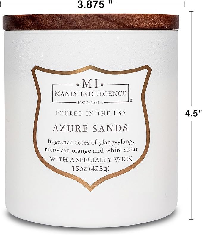 Manly Indulgence Azure Sands Scented Candles for Men, 15 oz Wooden Wick, Premium Soy Blend Wax, 60H Burn, Candles for Home Scented - Made in The USA - Bloomnest