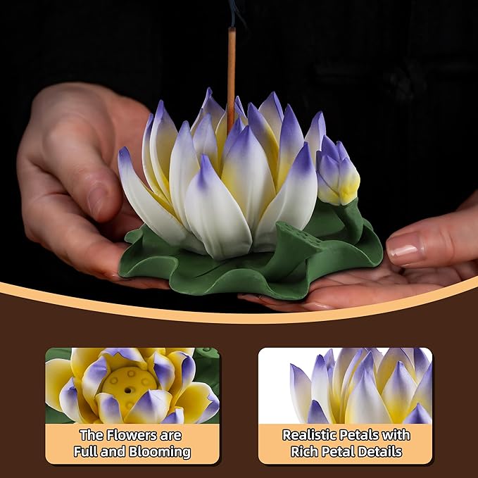 Lotus Incense Burner - Incense Burner Holder for Home Incense Holder Decor Incense Holder for Sticks Yoga, SPA (Z7-Blue-Yellow) - Bloomnest