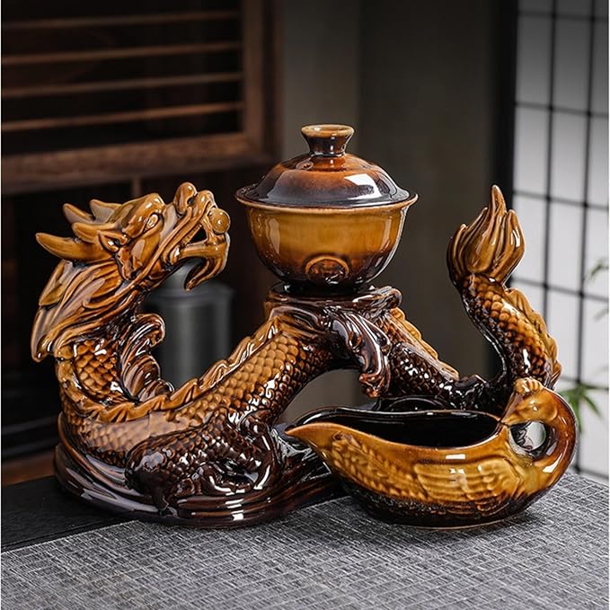 Chinese Gongfu Tea Set - Ceramic Teapot with Infuser, 8 Cups, Semi Automatic Dragon Design for Loose Leaf Tea