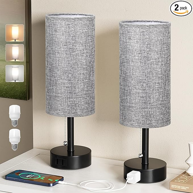 Fenmzee Grey Bedside Table Lamps Set of 2-3 Color Temperatures Pull Chain Lamp with AC Outlet Charging Port, Round Night Stand Lamps for Bedroom Office, Small Bed Side Light with E26 LED Bulbs - Bloomnest