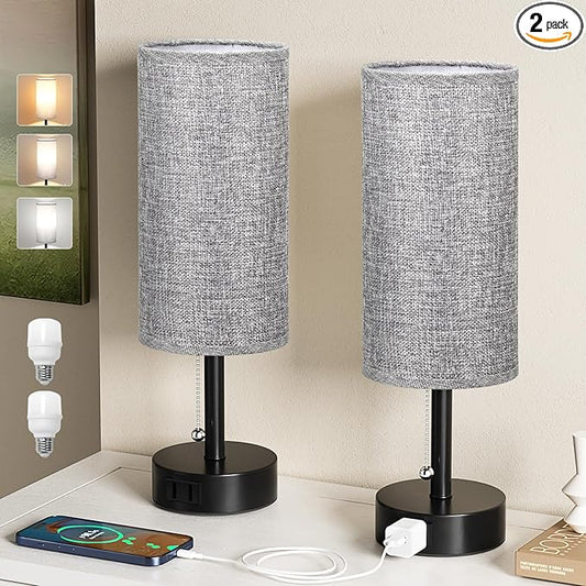 Fenmzee Grey Bedside Table Lamps Set of 2-3 Color Temperatures Pull Chain Lamp with AC Outlet Charging Port, Round Night Stand Lamps for Bedroom Office, Small Bed Side Light with E26 LED Bulbs - Bloomnest