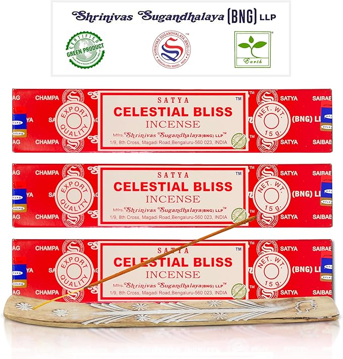 Raajsee Satya Celestial Bliss Nagchampa Incense, 15gmx3 Pack (12 Sets, 160 Pieces, 180g) with Raajsee Incense Holder - Bloomnest