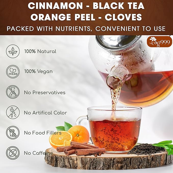 TOG999, 120 Tea Bags – Special Blend of Cinnamon, Black Tea, Orange Peel and Cloves, 100% Natural Ingredients, Hand-made Blend Herbal Tea. Eco-conscious Tea Bags. No Sugar, No Caffeine, No Gluten, Vegan. - Bloomnest