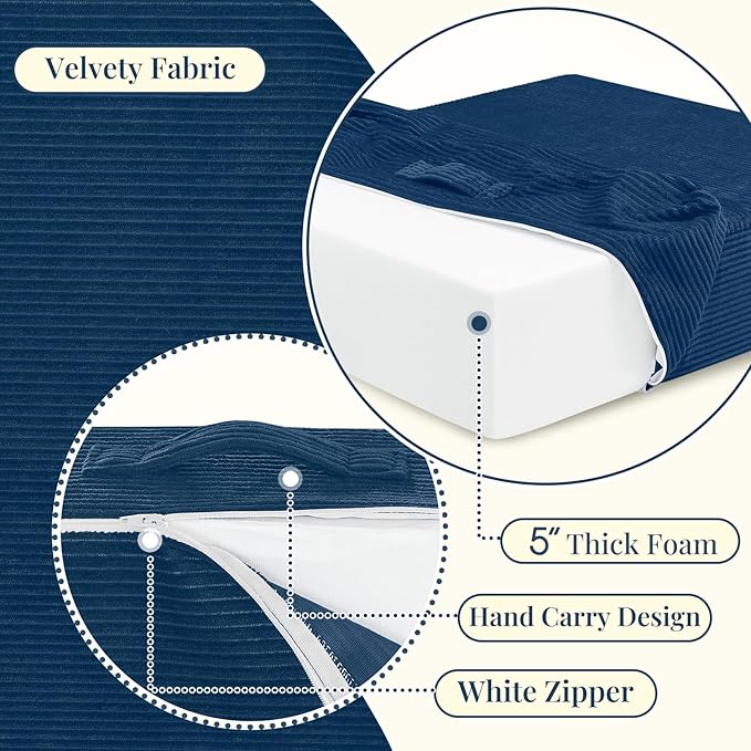 Wellsin Solid Square Floor Pillows for Adults Kids - Large Meditation Floor Pillow Seating Cushion with Thick Foam & Washable Velvet Cover, 2 Pack, 22x22x5 Inch, Dark Blue - Bloomnest
