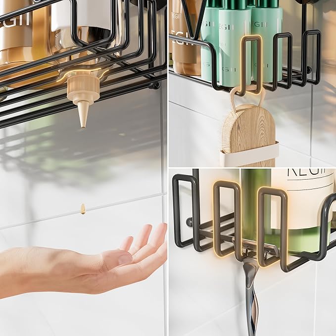 KEGII Shower Caddy Suction Cup with Hooks, Large Capacity Shower Suction Shelf, Heavy Duty Bathroom Organizer, No Drilling Stainless Steel Shampoo Holder for Bathroom Storage, Black - Bloomnest