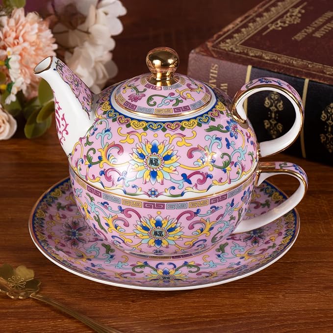 Tea for One, Porcelain Teapot and Cup Set, Vintage Tea Pot and Saucers Set, Ceramic Tea Set for Tea Party, Office and Home, Pink Tea Cups and Saucer Set for Coffee, Cappuccino, Tea - Bloomnest