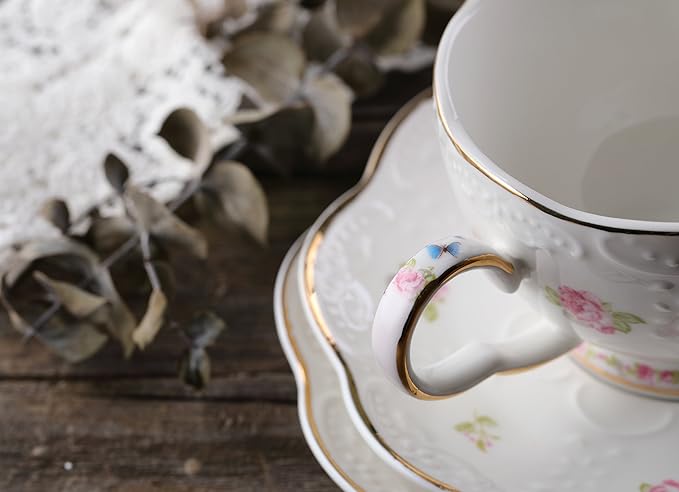 Jusalpha® Vintage Porcelain Flower Series Tea Sets, Tea Cup Saucer Set with Teapot Warmer- Filter and Spoon, 16pcs in 1 set (16pcs set) - Bloomnest