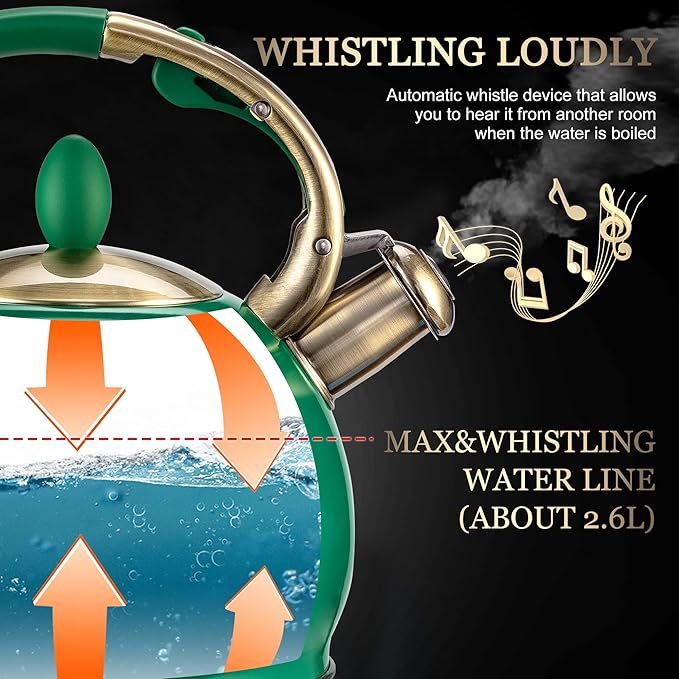 SUSTEAS Stove Top Whistling Tea Kettle - Food Grade Stainless Steel Teakettle Teapot with Cool Touch Ergonomic Handle, With 1 Silicone Pinch Mitt Included, 2.64 Quart (Green) - Bloomnest