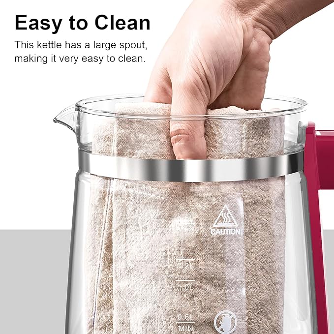 Electric Kettle, 1.5L Borosilicate Glass Hot Water Kettle Electric & Tea Kettle for Coffee or Tea, BPA Free, Auto Shut-Off, Stainless Steel, Red, 1200w - Bloomnest