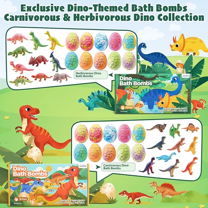 Dinosaur Bath Bombs for Kids with Surprise Inside, 20 Pack Natural Dino Egg Bath Bombs with Exclusive Carnivorous & Herbivorous Dinosaur Toys, Birthday Party Favors for Boys, Girls - Bloomnest