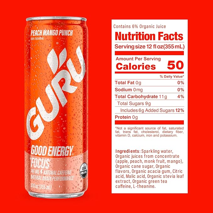 GURU PUNCH Organic Energy Drinks Variety Pack, Clean Energy Drink with Plant Based Natural Caffeine from Green Tea + Focus w/L-Theanine, Gluten Free, 140mg Caffeine, Healthy Drinks, 12oz (Pack of 12) - Bloomnest