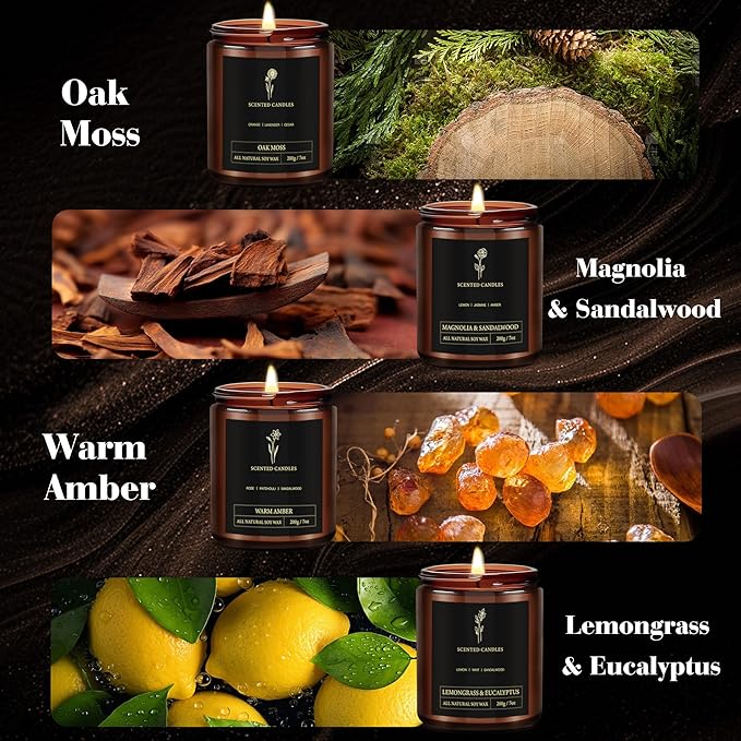 Scented Candles for Men - 4 Pack Candles for Home Scented, 28oz Soy Wax, 300 Hour Burn Time, Men Candle Set, Oak Moss/Magnolia & Sandalwood/Warm Amber/Lemongrass & Eucalyptus - Bloomnest