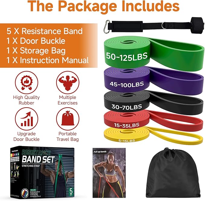 Resistance Bands Set with Door Anchor, Multi-Levels Pull Up Assistance Bands, Exercise Bands for Working Out, Stretching, Muscle Training, Physical Therapy (Men/Women) - Bloomnest