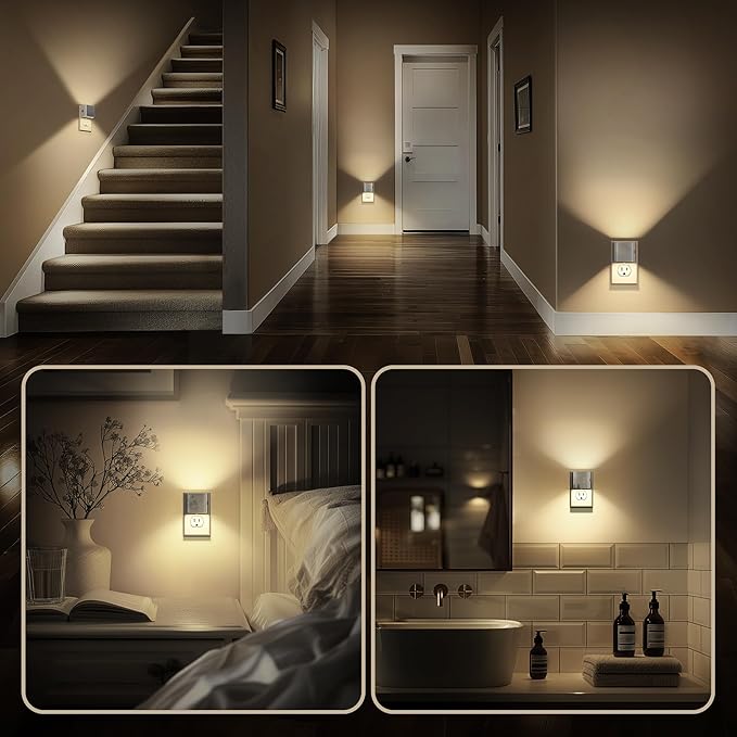 DORESshop LED Night Lights Plug into Wall [2 Pack], Plug in Nightlight, 3 Level Brightness Adjustable Night Light, Dusk to Dawn Sensor, Nightlights for Adults, Bedroom, Bathroom, Hallway, Silver Cover - Bloomnest