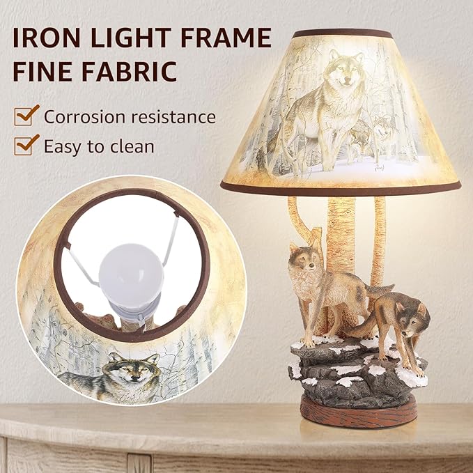 Forest Wolf Table lamp, Wildlife Side Table Lamp, Tradition Decor with lampshade (Includes Bulb), Nightlight for Cottage, Wooden Base for Bedside Table lamp, Rustic Farmhouse - Bloomnest
