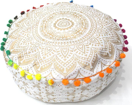 INDIAN CRAFT CASTLE ICC Mandala Barmeri Large Floor Pillow Cover Cushion Meditation Seating Ottoman Throw Cover Hippie Decorative Zipped Bohemian Pouf Ottoman Cases White Gold, 24" Round - Bloomnest