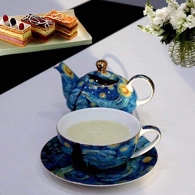 Porcelain 13 OZ Tea for One Teapot and Cup Set Vintage Floral Ceramic Tea Set European Style Tea pot and Saucer Set (Starry Sky) - Bloomnest