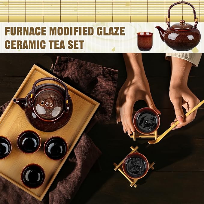 Layhit Japanese Asian Tea Set for Adults with 1 Teapot 6 Cups 1 Tray Traditional Portable Japanese Kiln Altered Glaze Porcelain Tea Set for Women Mother's Day Gifts(Brown) - Bloomnest