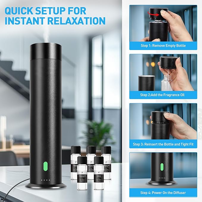 Waterless Scent Diffuser Starter Kit - 800 Sq Ft Coverage, Hotel Scent Diffuser, Essential Oil Diffuser Large Room, Included 5 Scent Oils, Remote Control, Black, 11.20In - Bloomnest