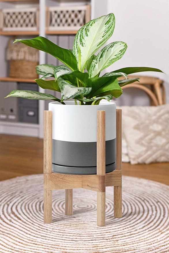 D'vine Dev Ceramic Planter with Natural Stand - 8 Inch Modern Round Flower Pot with Wood Planter Holder, White/Grey, 55-B-N-6 - Bloomnest