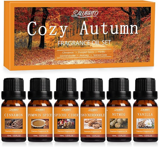 SALUBRITO Fall Fragrance Oils Set, Autumn Essential Oil for Diffuser, Candle Making, Aromatherapy Oils Gift - Cinnamon, Pumpkin Spice, Vanilla, Snickerdoodle, Spiced Cider, Nutmeg, 6x10ml - Bloomnest