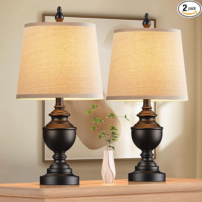 PARTPHONER Retro Table Lamps Set of 2, Bedside Lamp for Bedroom Rustic Farmhouse Table Lamps for Living Room, Vintage Nightstand Lamps with White Shades, Matte Black - Bloomnest